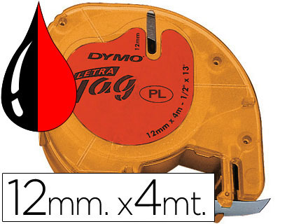 Cinta Dymo Letratag 12 mm. plástico rojo tinta negra 91203